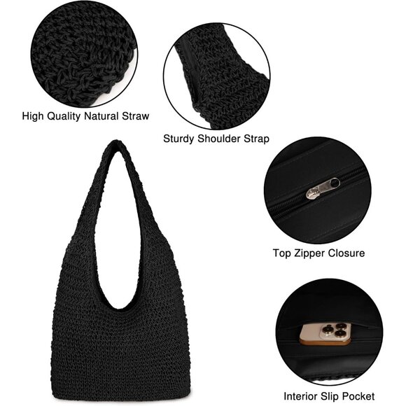Women's Black Large Straw Beach Bag Handmade Woven Shoulder Hobo Tote Handbag - Picture 3 of 6